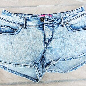 Low rise acid wash denim shorts